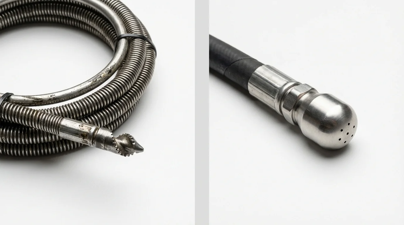 Drain snake cable and hydro jetting nozzle used for drain cleaning in Milford, ME