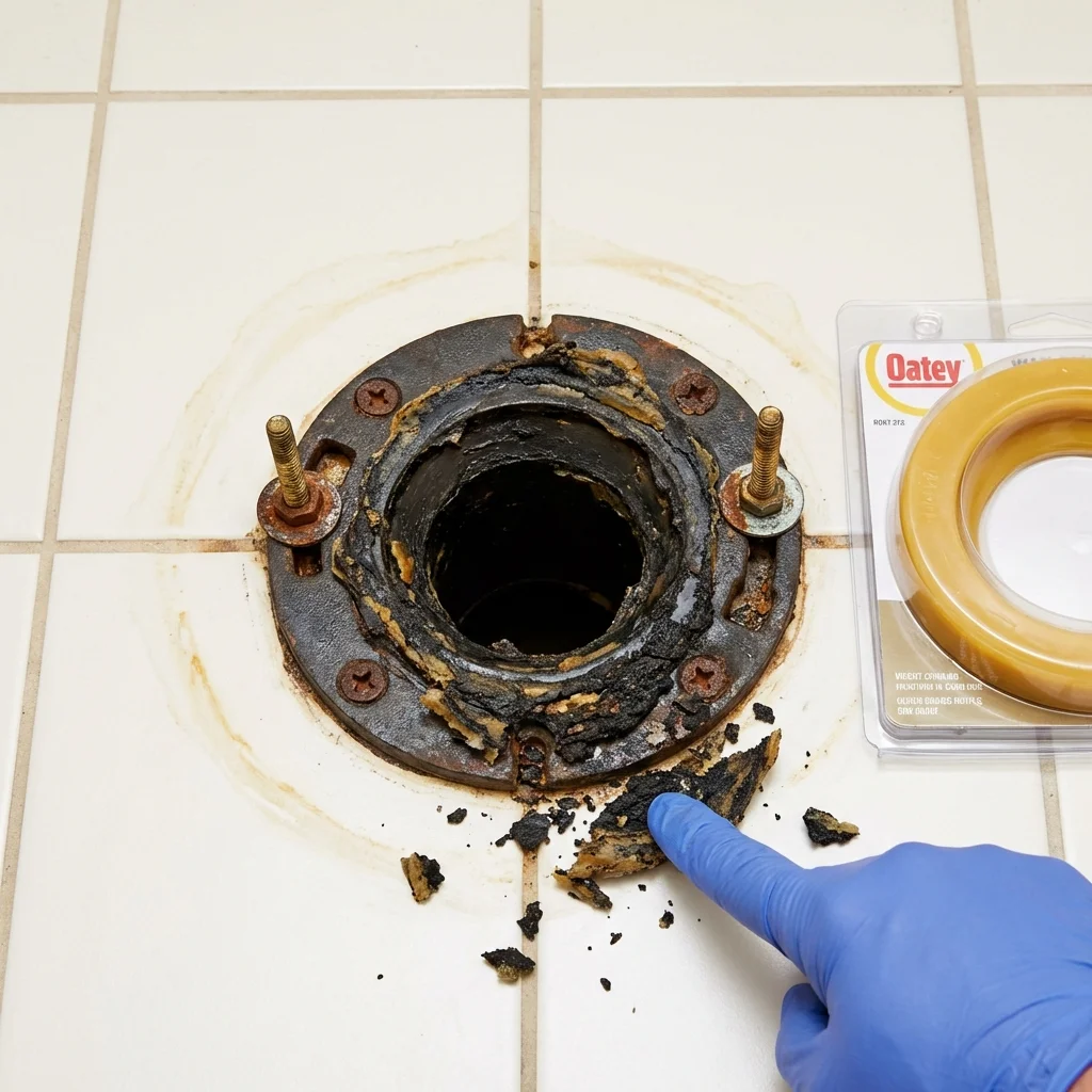 Failed wax ring showing water seepage at the base of a toilet in a Milford, ME home