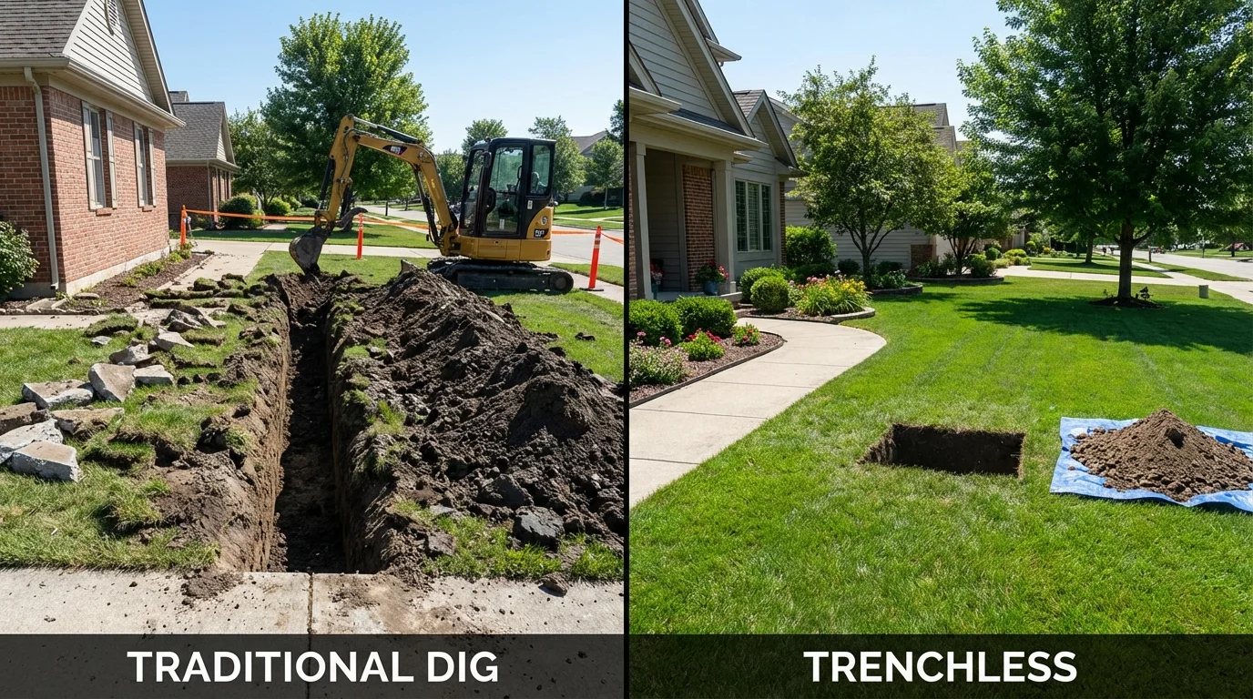 Trenchless sewer repair with minimal yard damage versus traditional excavation in Milford, ME