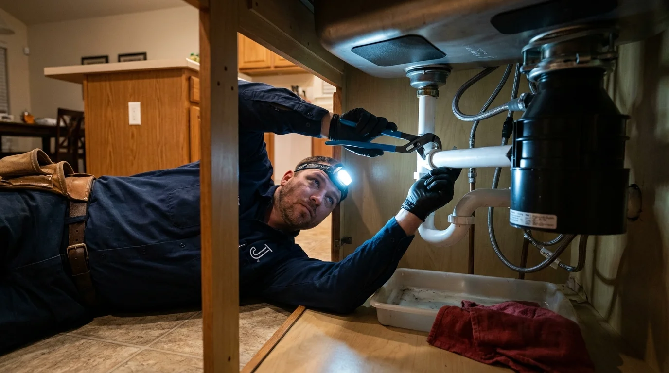P-trap and supply line connections under a kitchen sink showing a common leak point in Milford, ME